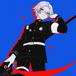 aotsuki_eito belt blue_background glasses highres holding holding_scythe non-web_source purple_eyes scythe self-upload semi-rimless_eyewear standing the_hundred_line_-last_defense_academy- torutisuto under-rim_eyewear white_hair