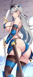 Rule 34 | 1girl, ass, bare shoulders, bikini, blue bikini, blue eyes, blush, breasts, brown thighhighs, closed mouth, commentary request, dual wielding, from behind, grey hair, hair intakes, highres, holding, holding sword, holding weapon, large breasts, long hair, looking at viewer, looking back, mole, mole under eye, neropaso, original, solo, swimsuit, sword, thighhighs, thighs, weapon