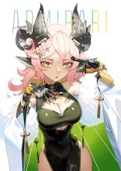 1girl absurdres animal_ears arm_up bare_shoulders black_dress breasts china_dress chinese_clothes cleavage cleavage_cutout clothing_cutout commentary_request dress fingernails flower fur_collar hair_flower hair_ornament hand_up highres horns large_breasts long_fingernails long_hair long_sleeves looking_at_viewer nail_art nail_polish natori_youkai original parted_lips pink_flower pink_hair prosthesis prosthetic_arm simple_background sleeveless sleeveless_dress solo white_background wide_sleeves yellow_eyes