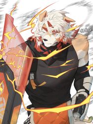 1boy arknights black_shirt chinese_commentary colored_tips commentary_request furry furry_male highres holding holding_shield horns huanlinzhou hung_(arknights) komainu_boy komainu_ears looking_to_the_side male_focus multicolored_hair muscular muscular_male one_eye_closed orange_eyes shield shirt single_horn sleeveless sleeveless_shirt