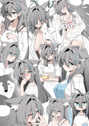 1girl 1other absurdres ahoge animal animal_ears apron b.t._(boob_tong) baggy_clothes blue_apron blue_archive blue_eyes blue_halo blush bowl breasts censored chibi cleavage closed_eyes closed_mouth collared_shirt cross cross_hair_ornament dress_shirt grey_hair hair_between_eyes hair_ornament hair_over_one_eye halo highres inverted_cross jewelry large_breasts licking licking_finger long_hair naked_shirt novelty_censor open_clothes open_mouth open_shirt rice_bowl ring shirt simple_background sleeping spaghetti_strap sweatdrop white_background wolf wolf_ears