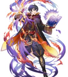 1boy black_boots black_eyes black_hair book boots eihi fire_emblem fire_emblem_awakening fire_emblem_heroes full_body gloves gradient_clothes highres holding holding_book hooded_robe knee_boots male_focus morgan_(fire_emblem) morgan_(male)_(fire_emblem) morgan_(male)_(resplendent)_(fire_emblem) nintendo official_alternate_costume official_art open_book red_gloves robe solo third-party_source white_background