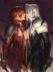 2girls blush breast_press breasts earrings eye_contact final_fantasy final_fantasy_vii genderswap genderswap_(mtf) genesis_rhapsodos gloves highres imminent_kiss jacket jewelry long_hair looking_at_another luluzhang998873 multiple_girls nipple-to-nipple nipples open_clothes open_jacket open_mouth parted_lips red_hair sephiroth short_hair symmetrical_docking unzipped yuri