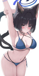 1girl absurdres animal_ears arm_behind_head armpits arms_up artist_name bikini black_eyes black_hair black_tail blue_archive blue_bikini blue_halo blush breasts cat_ears cat_girl cat_tail cleavage commentary criss-cross_straps gradient_tail halo highres holding_own_arm izumiillus kikyou_(blue_archive) kikyou_(swimsuit)_(blue_archive) layered_bikini looking_at_viewer medium_breasts multiple_tails navel official_alternate_costume paid_reward_available short_hair simple_background solo standing stomach swimsuit tail thighs two_tails wet white_background
