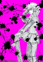 Rule 34 | 1girl, braid, closed mouth, commentary request, danganronpa (series), floating hair, glasses, highres, hololive, kiritoma, long hair, long sleeves, pantyhose, pink background, pleated skirt, puffy long sleeves, puffy sleeves, school uniform, shirt, skirt, solo, standing, twin braids, twintails, twitter username, usada pekora, virtual youtuber