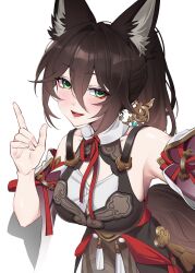 1girl 97_mubi_bai absurdres animal_ears bare_shoulders black_dress brown_hair chinese_clothes commentary cowboy_shot dress fox_ears fox_girl green_eyes hair_between_eyes hand_up highres honkai:_star_rail honkai_(series) index_finger_raised long_hair looking_at_viewer open_mouth ponytail simple_background smile solo tingyun_(harmony)_(honkai:_star_rail) tingyun_(honkai:_star_rail) white_background