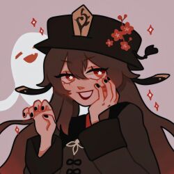 1girl blush brown_hair flower flower-shaped_pupils genshin_impact ghost hair_between_eyes hat highres hu_tao_(genshin_impact) jewelry long_hair long_sleeves looking_at_viewer meg_ikarp red_eyes smile solo symbol-shaped_pupils twintails