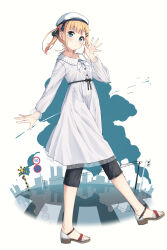 1girl absurdres beret black_pants black_ribbon blonde_hair blue_eyes blush brown_sandals capri_pants closed_mouth commentary_request crosswalk dress enuni hair_bobbles hair_ornament hair_ribbon hairclip hand_up hat highres hoshino_sora_(enuni) long_hair original pants power_lines reflection ribbon road_sign sandals sign solo twintails utility_pole walking white_background white_dress white_hat