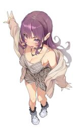 1girl :3 armpits black_choker black_socks black_stripes blue_nails blush breasts brown_cardigan cardigan choker cleavage collarbone curly_hair dress earrings frilled_socks frills from_above full_body jewelry long_hair looking_at_viewer medium_breasts necklace open_cardigan open_clothes open_mouth original outstretched_arms purple_eyes purple_hair saeki_shun shoes short_dress smile socks solo spaghetti_strap spread_arms striped_clothes striped_dress two-tone_dress white_dress white_shoes
