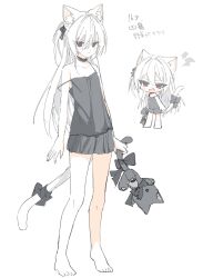 1girl animal_ear_fluff animal_ears barefoot belt_collar black_camisole black_ribbon black_shorts bow camisole cat_ears cat_girl chibi chibi_inset collar commentary flat_chest hair_ribbon highres holding light_blush long_hair looking_at_viewer original red_eyes ribbon sentouryoku_5 shorts simple_background solo strap_slip stuffed_animal stuffed_cat stuffed_toy symbol-only_commentary tail tail_bow tail_ornament translation_request white_background white_hair