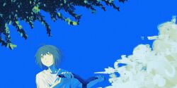 1other ambiguous_gender bicycle blue_sky blue_theme closed_mouth cloud cyberseaurchin day expressionless green_hair highres original other_focus outdoors riding riding_bicycle shirt short_hair sky solo tree upper_body white_shirt