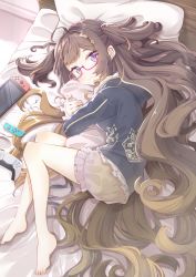 1girl absurdres ahoge anya_melfissa barefoot bed bed_sheet bedroom bespectacled black_jacket blonde_hair bloomers borumete brown_hair controller dualsense earbuds earphones game_console game_controller glasses hair_ornament handheld_game_console highres hololive hololive_indonesia holoro hood hooded_jacket jacket joy-con long_hair looking_at_viewer lying multicolored_hair nintendo_switch hugging_object on_side pillow pillow_hug playstation_5 playstation_controller purple_eyes red-framed_eyewear semi-rimless_eyewear smile solo two_side_up underwear very_long_hair virtual_youtuber