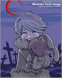 Rule 34 | 1boy, 2000s (style), 2004, coat, cod.h, commentary request, copyright name, crescent moon, cross, crying, crying with eyes open, fur coat, grey coat, grey hair, greyscale, heirozoist, long sleeves, looking at viewer, male focus, monochrome, moon, night, purple sky, ragnarok online, red moon, short hair, sky, solo, stuffed animal, stuffed rabbit, stuffed toy, tears, upper body