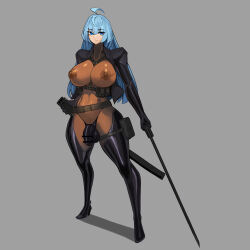 1futa absurdres ahoge ammunition_pouch arm_at_side arm_behind_back bar_censor belt black_jacket blue_eyes blue_hair bodysuit boots breasts bulge censored chest_harness covered_erect_nipples covered_penis covered_testicles eyes_visible_through_hair futanari grey_background hair_between_eyes harness highres holding holding_sheath holding_sword holding_weapon impossible_bodysuit impossible_clothes jacket large_breasts long_hair open_clothes open_jacket original platinum1945 pouch sheath solo sword testicles thigh_boots weapon