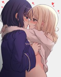 2girls after_kiss asaka_karin blonde_hair blue_eyes blush commentary commentary_request english_commentary eye_contact grabbing_another&#039;s_breast groping heart kuroda_roku_(345) long_hair long_sleeves looking_at_another love_live! love_live!_nijigasaki_high_school_idol_club mixed-language_commentary miyashita_ai multiple_girls open_mouth pajamas purple_eyes purple_hair purple_shirt shirt shirt_slip simple_background sweatdrop tongue tongue_out upper_body white_background white_shirt yuri