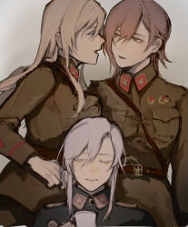 3girls belt blonde_hair breasts cup genderswap genderswap_(mtf) georgy_zhukov grey_hair hearts_of_iron highres kliment_voroshilov medium_breasts mikhail_tukhachevsky military_dress_uniform military_uniform multiple_girls red_hair sam_browne_belt soviet soviet_army tagme teacup the_new_order:_last_days_of_europe yakouf