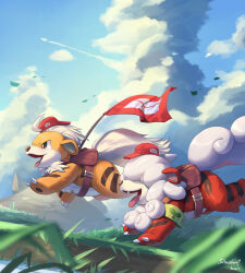 absurdres brown_bag brown_eyes claws cloud commentary_request day flag from_side gen_1_pokemon grass growlithe highres hisuian_growlithe hoishere7 nintendo no_humans open_mouth outdoors pokemon pokemon_(creature) pokemon_focus sky tongue tongue_out