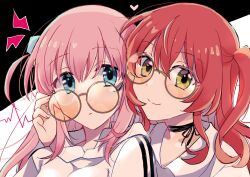 Rule 34 | 2girls, alternate costume, arm around neck, bespectacled, black background, black ribbon, blue eyes, bocchi the rock!, closed mouth, collared shirt, commentary request, cube hair ornament, dot nose, glasses, gotoh hitori, hair ornament, heart, highres, hood, hoodie, kita ikuyo, light frown, long hair, looking at viewer, multiple girls, neck ribbon, one side up, pink hair, portrait, red hair, removing eyewear, ribbon, round eyewear, sango (sango3 3), shirt, smile, split mouth, two-tone background, white background, white hoodie, white shirt, wing collar, yellow eyes