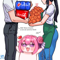 54kmlikeuniform absurdres angry blind_spot_(meme) brand_name_imitation can coca-cola cola creature doro_(nikke) drink_can flower-shaped_hair goddess_of_victory:_nikke hair_bun hair_intakes highres holding holding_can meme pepsi pink_hair product_placement purple_ribbon ribbon shiny_eyes single_side_bun soda soda_can
