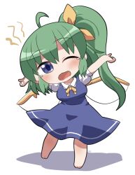 1girl ahoge barefoot blue_dress blue_eyes blush chibi chibi_only collared_shirt commentary daiyousei dress fairy_wings full_body green_hair hair_ribbon highres long_hair looking_at_viewer neck_ribbon one_eye_closed open_mouth pinafore_dress ribbon rokugou_daisuke shirt short_sleeves side_ponytail simple_background sleeveless sleeveless_dress solo standing stretching tearing_up touhou white_background white_shirt wings yellow_ribbon