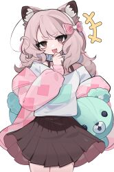 1girl :3 ahoge animal_collar animal_ears arm_at_side black_skirt blonde_hair borrowed_character carrying carrying_under_arm cat_ears coat collar hand_up head_tilt high-waist_skirt highres junky_co laughing legs_together long_hair looking_at_viewer open_clothes open_coat open_mouth original pink_eyes print_coat second-party_source shirt short_eyebrows simple_background skirt stuffed_animal stuffed_toy teddy_bear transparent_background v-shaped_eyebrows white_shirt