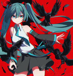 Rule 34 | 1girl, absurdres, bird, black feathers, black sleeves, blue eyes, blue hair, blue nails, blue necktie, blue skirt, blue trim, closed mouth, collared shirt, cowboy shot, crow, detached sleeves, feathers, floating hair, hair between eyes, hatsune miku, highres, long hair, looking at viewer, miniskirt, nail polish, necktie, pleated skirt, red background, shirt, skirt, sleeveless, sleeveless shirt, solo, standing, tiandingfengren, very long hair, vocaloid, white shirt, wing collar