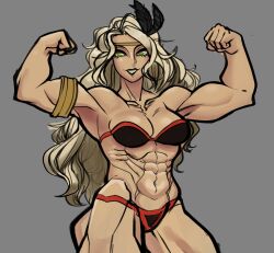 1girl abs amazon_(dragon&#039;s_crown) armband bikini black_bikini blonde_hair breasts circlet cleavage clenched_hand collarbone commentary cropped_legs curly_hair desn dragon&#039;s_crown english_commentary feather_hair_ornament female_focus flexing green_eyes grey_background grin hair_ornament highres long_hair looking_at_viewer medium_breasts muscular muscular_female muscular_legs navel red_trim revealing_clothes simple_background smile solo stomach swimsuit very_long_hair