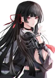 1girl absurdres black_choker black_hair black_shirt black_skirt bright_pupils chisa_(wuthering_waves) choker chromatic_aberration commentary cowboy_shot crop_top hair_ribbon hand_up highres long_hair looking_at_viewer mole mole_under_eye neckerchief parted_lips red_eyes red_neckerchief red_ribbon ribbon rin0_(gujrv) sailor_collar shirt simple_background skirt solo tacet_mark_(wuthering_waves) white_background white_pupils white_sailor_collar wuthering_waves