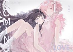 2girls akemi_homura black_dress black_hair black_hairband bow dress english_text frills grey_eyes hair_bow hairband highres kaname_madoka long_hair mahou_shoujo_madoka_magica mahou_shoujo_madoka_magica_(anime) multiple_girls pink_dress pink_hair short_twintails sleeveless sleeveless_dress sukuuyu twintails very_long_hair white_bow
