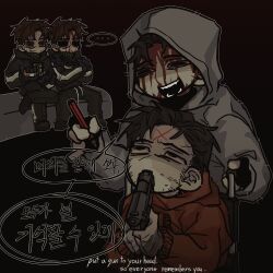 ... 4boys absurdres afraid_of_monsters beard_stubble black_gloves black_hair black_hoodie blood blood_from_forehead blood_on_face bloodshot_eyes body_markings brown_hair crazy_grin crossed_arms cry_of_fear david_leatherhoff dilated_pupils drugs dual_persona empty_eyes facial_hair fingerless_gloves full_body gloves goatee_stubble grey_hoodie gun gun_to_head gun_to_mouth handgun highres holding holding_gun holding_marker holding_weapon holding_wheelchair hood hood_down hood_up hoodie ju-san korean_text looking_at_another marker messy_hair multiple_boys pill pill_bottle red_hoodie short_hair simon_henriksson simon_henriksson_(book) sitting smile speech_bubble stubble the_addiction_(afraid_of_monsters) upper_body weapon wheelchair x