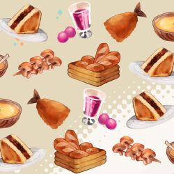 basket berry bowl bread cake chocolate cup drink drinking_glass fish_(food) food food_focus fried_fish grey_background hotaro_(bread_fusa) loaf_of_bread mushroom no_humans original plate skewer soup sponge_cake two-tone_background white_background