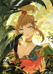 Rule 34 | 1boy, absurdres, armor, blonde hair, blue eyes, clothing request, dalanxia, earrings, food, fruit, headband, highres, holding, holding food, holding fruit, hoop earrings, jewelry, link, looking at viewer, nintendo, open mouth, palm leaf, pointy ears, shoulder armor, sidelocks, solo, teeth, the legend of zelda, watermark, watermelon, watermelon slice, weibo username, weibo watermark