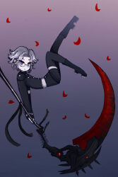 1boy aotsuki_eito blue_background blue_eyes closed_mouth eyebrows eyelashes full_body glasses gradient_background grey_hair holding holding_scythe holding_weapon last_defense_academy_school_uniform leg_up looking_at_viewer male_focus parted_hair pink_background scythe solo solo_focus the_hundred_line_-last_defense_academy- weapon white_hair