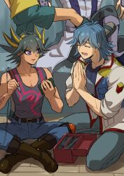 4boys absurdres arm_tattoo belt black_hair black_pants black_shirt blue_eyes blue_hair blue_pants blue_shirt boots brown_footwear bruno_(yu-gi-oh!) closed_eyes coat couch crossed_legs crow_hogan day denim facial_mark facial_tattoo floor fudo_yusei hands_up highres holding_tool indoors jack_atlas jacket jeans kicking knee_boots knee_pads kneeling leather_belt long_coat male_focus marking_on_cheek multicolored_hair multiple_boys on_floor open_mouth own_hands_together pants shirt short_hair shorts sitting sleeveless sleeveless_shirt sleeves_rolled_up smile soldering_iron spiked_hair streaked_hair t-shirt tank_top tattoo toolbox tools white_coat white_jacket wooden_floor yellow_shirt youko-shima yu-gi-oh! yu-gi-oh!_5d&#039;s