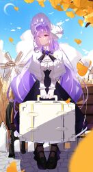 1girl absurdres ahoge alternate_costume black_bow black_bowtie black_shoes black_skirt blue_sky bonnet bow bowtie breasts center_frills commentary day dress english_commentary frills full_body highres holding holding_suitcase large_breasts long_hair long_skirt looking_to_the_side multicolored_hair outdoors purple_hair red_eyes shoes skirt sky solo standing streaked_hair suitcase vivian_banshee voi_271 white_bonnet white_dress zenless_zone_zero
