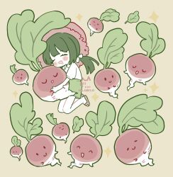 1girl artist_name blush brown_hair chibi drooling green_background green_skirt hat highres long_hair melanbread mouth_drool original skirt sleeping star_(symbol) turnip