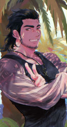 1boy absurdres bara bare_shoulders beard biceps black_hair black_tank_top cross cross_necklace crossed_arms facial_hair feet_out_of_frame final_fantasy final_fantasy_xv gladiolus_amicitia highres jewelry koro_mma male_focus mullet muscular muscular_male necklace scar scar_across_eye scar_on_face smile solo tank_top tattoo tattoo_sleeve thick_eyebrows tree tree_shade upper_body v