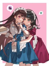 Rule 34 | 2girls, apron, bang dream!, bang dream! it&#039;s mygo!!!!!, black hair, blue eyes, border, brown hair, closed mouth, commentary, dress, finger to mouth, hands on another&#039;s waist, highres, holding, holding plate, long hair, maid, maid apron, maid headdress, minon (momoiminon0420), multiple girls, one eye closed, pink background, plate, purple eyes, red dress, shiina taki, shushing, spoken emoji, spoken squiggle, squiggle, white apron, white border, white headdress, wrist cuffs, yahata umiri, yuri