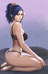Rule 34 | 1girl, arcane: league of legends, ass, back, bare shoulders, barefoot, bikini, black bikini, black bra, black panties, blue eyes, blue hair, bra, breasts, caitlyn (league of legends), hand in own hair, hand on own leg, highres, holding, holding own hair, kneeling, league of legends, looking at viewer, on bed, panties, solo, swimsuit, thong, underwear