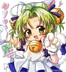 Rule 34 | 1girl, animal ears, animal hands, animal hat, apron, bell, blue dress, cat ears, cat hat, character name, curtained hair, dejiko, di gi charat, dress, fang, gloves, green hair, hair bell, hair ornament, hat, highres, jingle bell, looking at viewer, midnight kakushi, neck bell, open mouth, paw gloves, short hair, simple background, solo, white apron, white background, white gloves