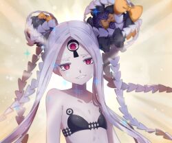 1girl abigail_williams_(fate) abigail_williams_(swimsuit_foreigner)_(fate) abigail_williams_(swimsuit_foreigner)_(first_ascension)_(fate) bikini black_bikini braid commission daykuronuma double_bun fate/grand_order fate_(series) flat_chest hair_bun highres long_hair pale_skin pink_hair second-party_source smile solo swimsuit third_eye twin_braids upper_body vgen_commission white_hair