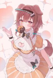 Rule 34 | 1girl, absurdres, animal ears, blush, braid, breasts, brown eyes, brown hair, brown tail, cleavage, cleavage cutout, clothing cutout, cowboy shot, dog ears, dog girl, dog tail, donut, dress, food, highres, holding, holding donut, holding food, hololive, inugami korone, large breasts, looking at viewer, medium hair, mouth hold, nishiro hato, orange dress, solo, tail, twin braids, virtual youtuber, white background