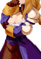 1girl agrias_oaks armor blonde_hair braid breasts brown_gloves brown_pants closed_mouth clothes_pull commentary elbow_pads english_commentary final_fantasy final_fantasy_tactics gloves head_out_of_frame highres large_breasts long_hair mixed-language_commentary morisobo nipples pants pauldrons shoulder_armor shoulder_pads simple_background single_braid solo sweat white_background