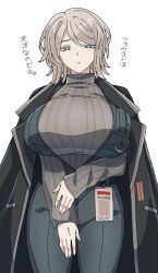 1girl alternate_breast_size belt black_belt black_coat black_pants black_vest blue_eyes breasts brown_sweater coat coat_on_shoulders cowboy_shot faust_(project_moon) highres huge_breasts id_card lapels limbus_company notched_lapels pants parted_lips project_moon ribbed_sweater short_hair solo sweater translation_request vest white_hair yagidon
