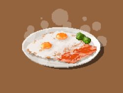 Rule 34 | bacon, bread, bread slice, broccoli, brown background, food, food focus, fried egg, fried egg on toast, highres, hisachan55cute, no humans, original, pixel art, plate, scenery, shadow, simple background, steam, toast