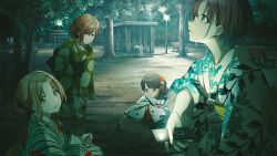 Rule 34 | 4girls, asakura toru, bunching hair, earrings, fukumaru koito, highres, higuchi madoka, ichikawa hinana, idolmaster, idolmaster shiny colors, japanese clothes, jewelry, jungle gym, kimono, lamp, multiple girls, nail polish, noctchill (idolmaster), official art, sand, see-through clothes, short hair, tree, water cooler