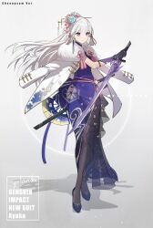 1girl absurdres alternate_costume arm_belt artist_name ayaka_(genshin_impact) belt black_belt black_gloves black_pantyhose black_shoes blue_eyes blue_flower blunt_bangs blunt_tresses bracelet character_name china_dress chinese_clothes chinese_commentary chinese_hairpin closed_mouth commentary_request copyright_name dot_nose dress earrings english_text flower flower_earrings flower_knot folding_fan full_body fur-trimmed_jacket fur_trim genshin_impact gloves gradient_background grey_background hair_flower hair_ornament hair_ribbon hair_stick hand_fan hand_up high_ponytail highres holding holding_sword holding_weapon jacket jacket_on_shoulders jewelry kamisato_clan_(emblem) long_hair looking_at_viewer mistsplitter_reforged_(genshin_impact) mole mole_under_eye pantyhose pink_belt pink_flower pink_ribbon ponytail purple_dress ribbon ring sheath shoes side_slit solo standing sword tassel tress_ribbon weapon white_hair white_jacket yolanda