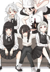 5girls apron black_apron black_dress black_hair black_pants black_shoes blood blood_drip blood_from_mouth bloody_tears bottle chainsaw_man chef_hat closed_eyes couch crossed_legs cup disembodied_head dress drink drinking_glass earrings extra_arms falling_devil_(chainsaw_man) fami_(chainsaw_man) fourth_east_high_school_uniform haromoti hat highres holding holding_detached_head holding_tray jewelry long_hair long_sleeves looking_at_viewer medium_hair messy_hair mole mole_under_each_eye mole_under_eye mole_under_mouth multiple_girls multiple_moles nayuta_(chainsaw_man) nosebleed on_couch pants pinafore_dress red_eyes ringed_eyes scar scar_on_face school_uniform shirt shoes sidelocks sitting sleeveless sleeveless_dress socks tray waist_apron white_background white_hair white_haired_girl_(chainsaw_man) white_shirt white_shoes white_socks wine_glass yoru_(chainsaw_man)