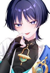 Rule 34 | 1boy, anemo symbol (genshin impact), armor, black bodysuit, black bridal gauntlets, blue cape, blue gemstone, blue kimono, blue sleeves, blunt ends, bodysuit, bridal gauntlets, bright pupils, cape, covered collarbone, eyeliner, eyeshadow, gem, genshin impact, gold, gold ring, hand up, highres, japanese armor, japanese clothes, juban, kimono, kote, kuro774 n, kurokote, layered sleeves, looking at viewer, makeup, male focus, mandarin collar, middle ring, open clothes, open kimono, portrait, purple eyes, purple hair, red eyeliner, red eyeshadow, scaramouche (genshin impact), shoulder peek, solo, tongue, tongue out, tsurime, wanderer (genshin impact), white background, white kimono, white pupils, white sleeves, wispy bangs
