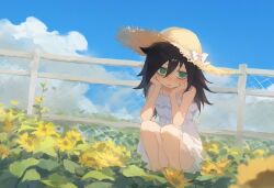 1girl amesya2018 bags_under_eyes bare_shoulders black_hair blue_sky cloud day dress field flower flower_field green_eyes hair_between_eyes hat kuroki_tomoko long_hair outdoors sitting sky solo squatting straw_hat summer sundress sunflower watashi_ga_motenai_no_wa_dou_kangaetemo_omaera_ga_warui! white_dress yellow_flower